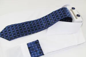 Mens Navy, Black & Silver Diamond Matching Neck Tie, Pocket Square, Cuff Links And Tie Clip Set