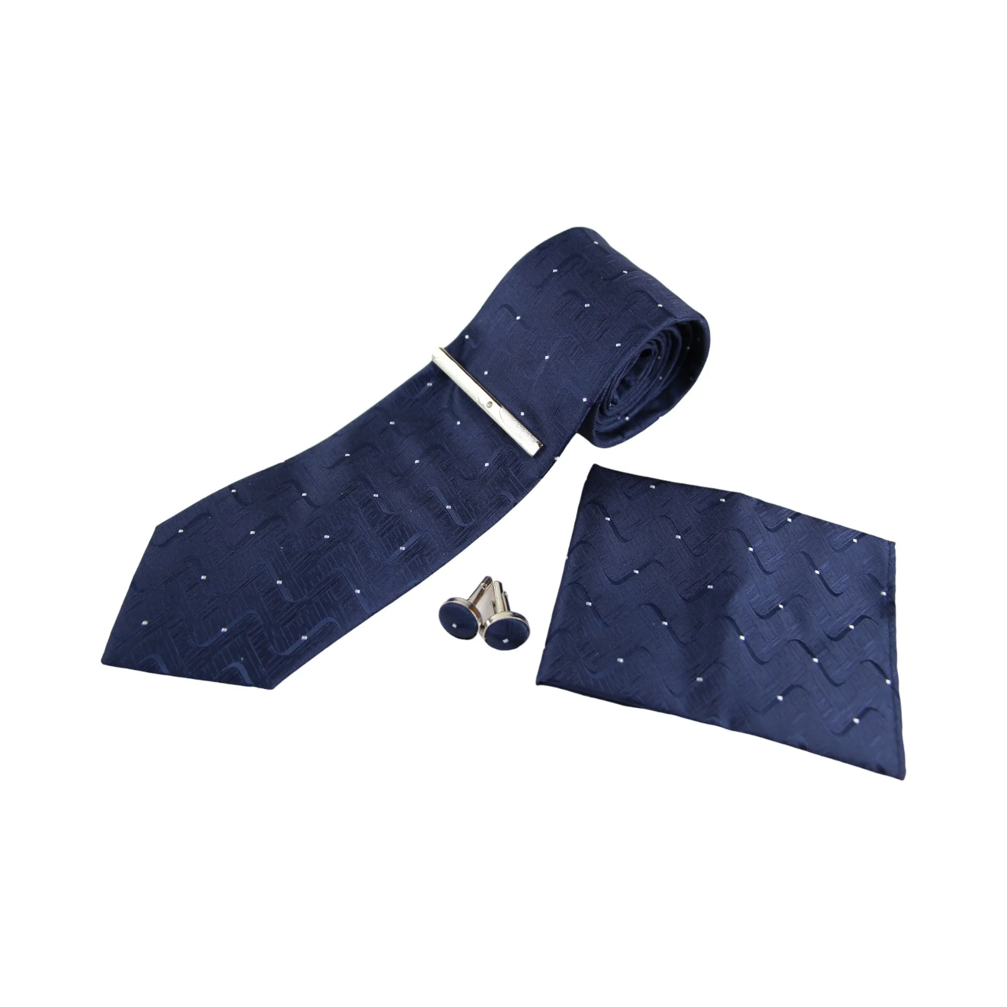 Mens Navy Laddered Matching Neck Tie, Pocket Square, Cuff Links And Tie Clip Set