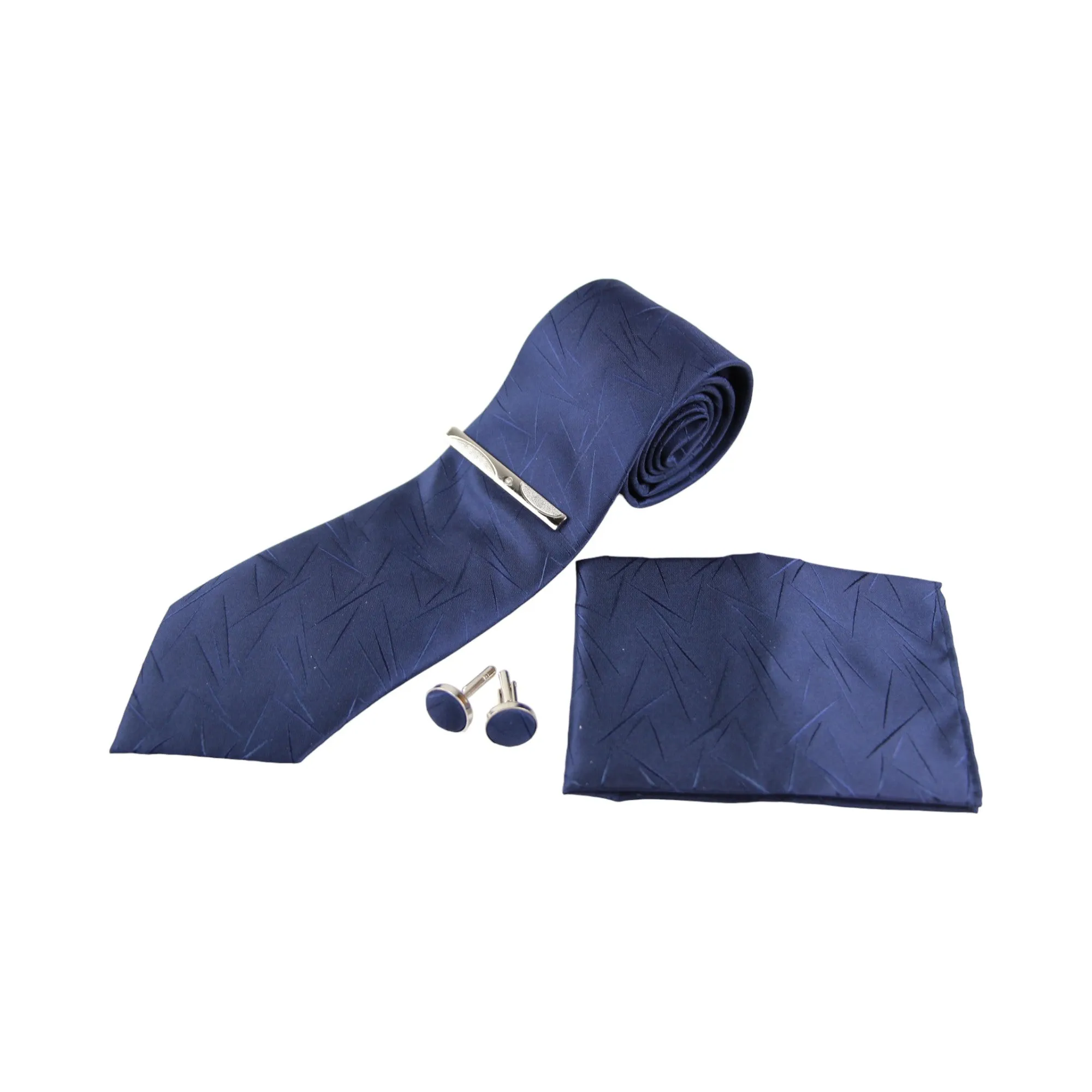 Mens Navy Lines Matching Neck Tie, Pocket Square, Cuff Links And Tie Clip Set