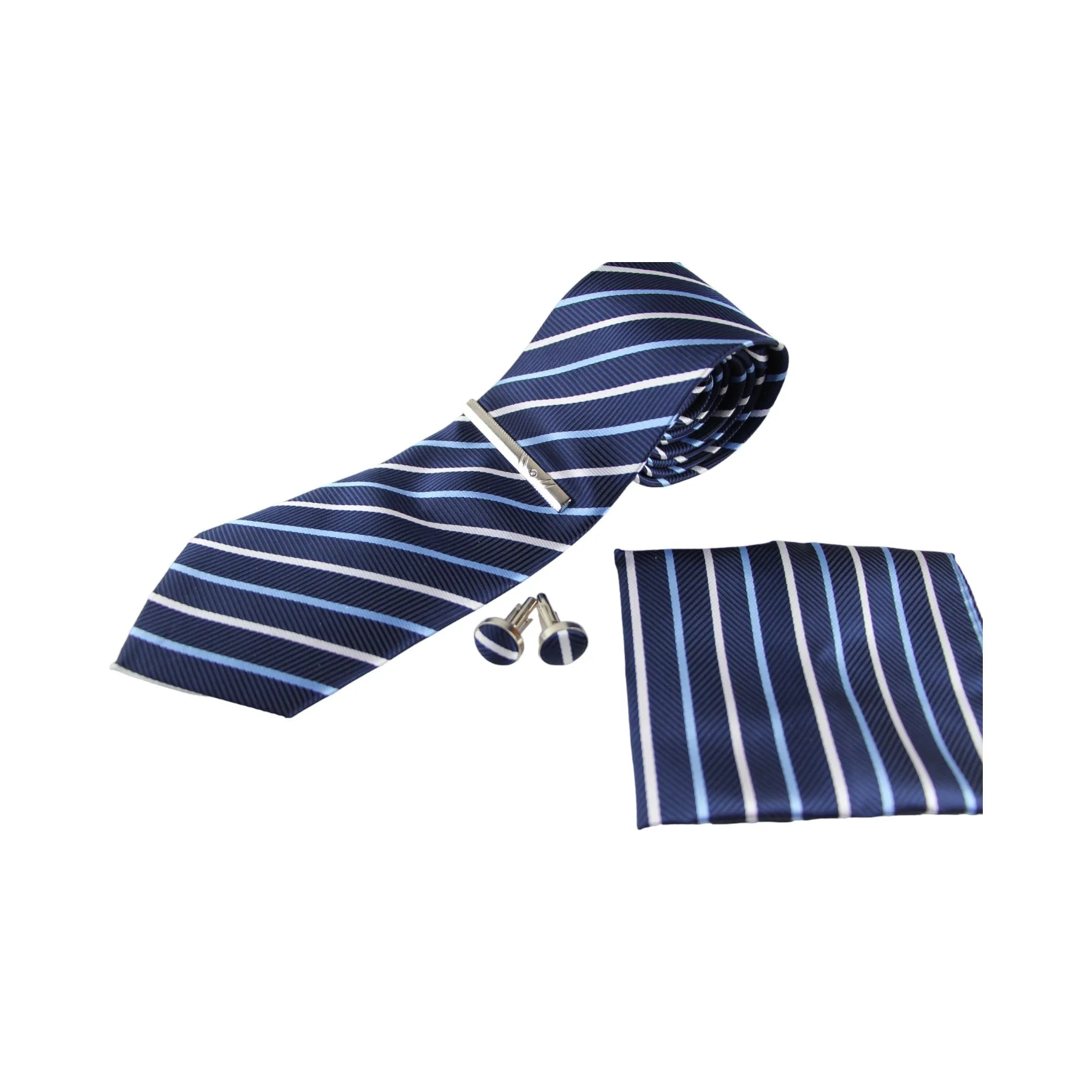 Mens Navy Striped Matching Neck Tie, Pocket Square, Cuff Links And Tie Clip Set