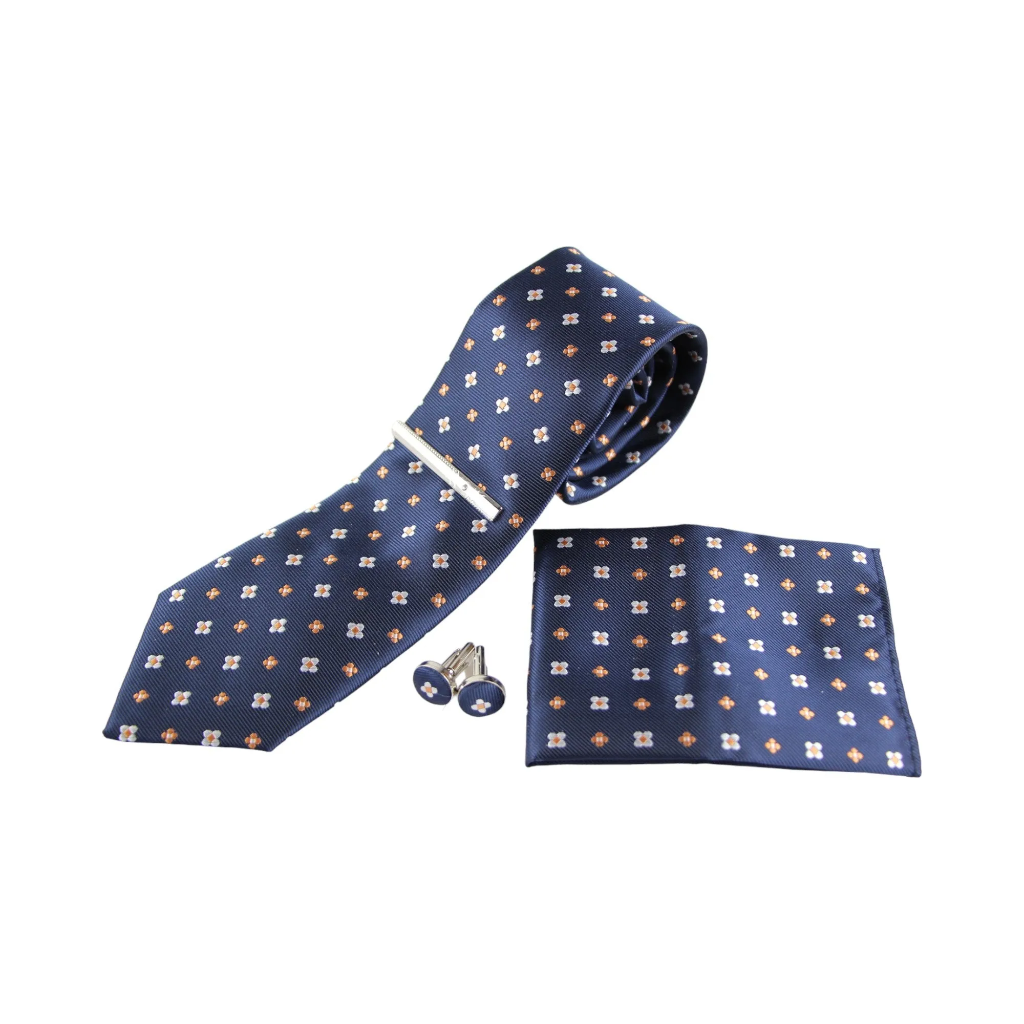 Mens Navy With Orange & White Floral Matching Neck Tie, Pocket Square, Cuff Links And Tie Clip Set