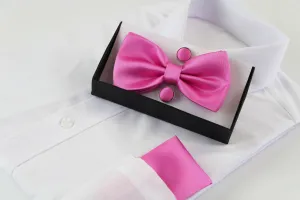 Mens Pink Matching Bow Tie, Pocket Square & Cuff Links Set