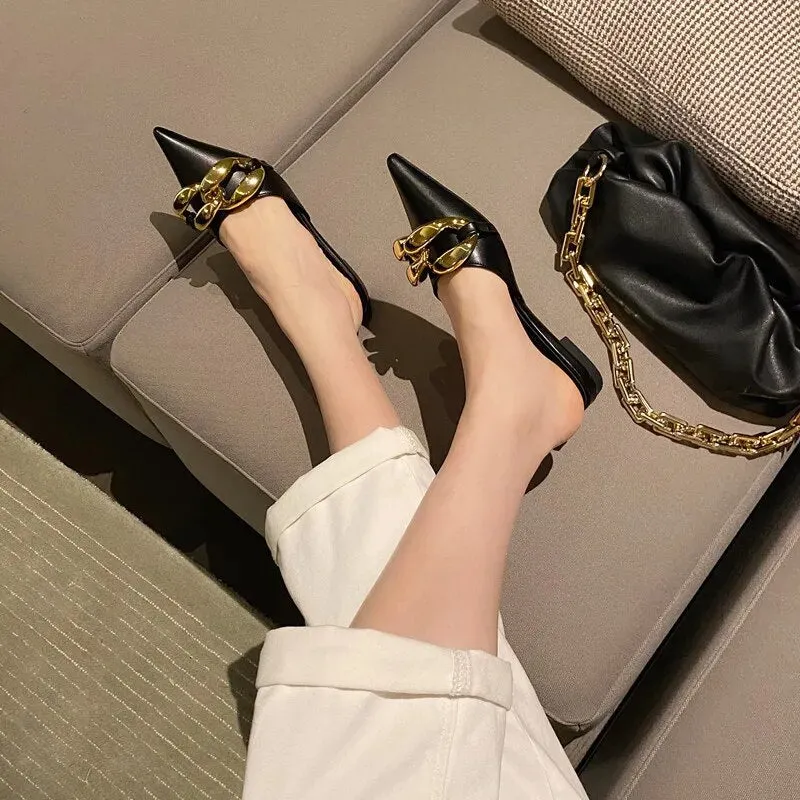 Metal Chain Pointed Toe Mules