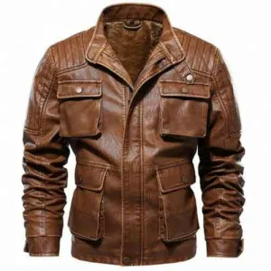 New Men Antique Brown Leather Jacket With Cargo Pockets, Brown Leather Apparel