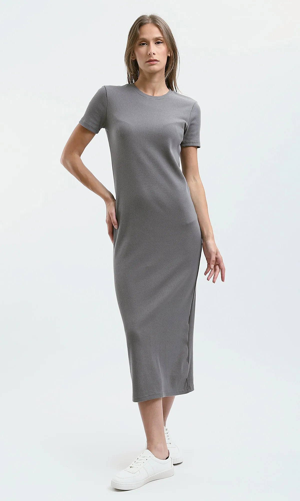 O189714 Regular Fit Dark Grey Ribbed Summer Dress