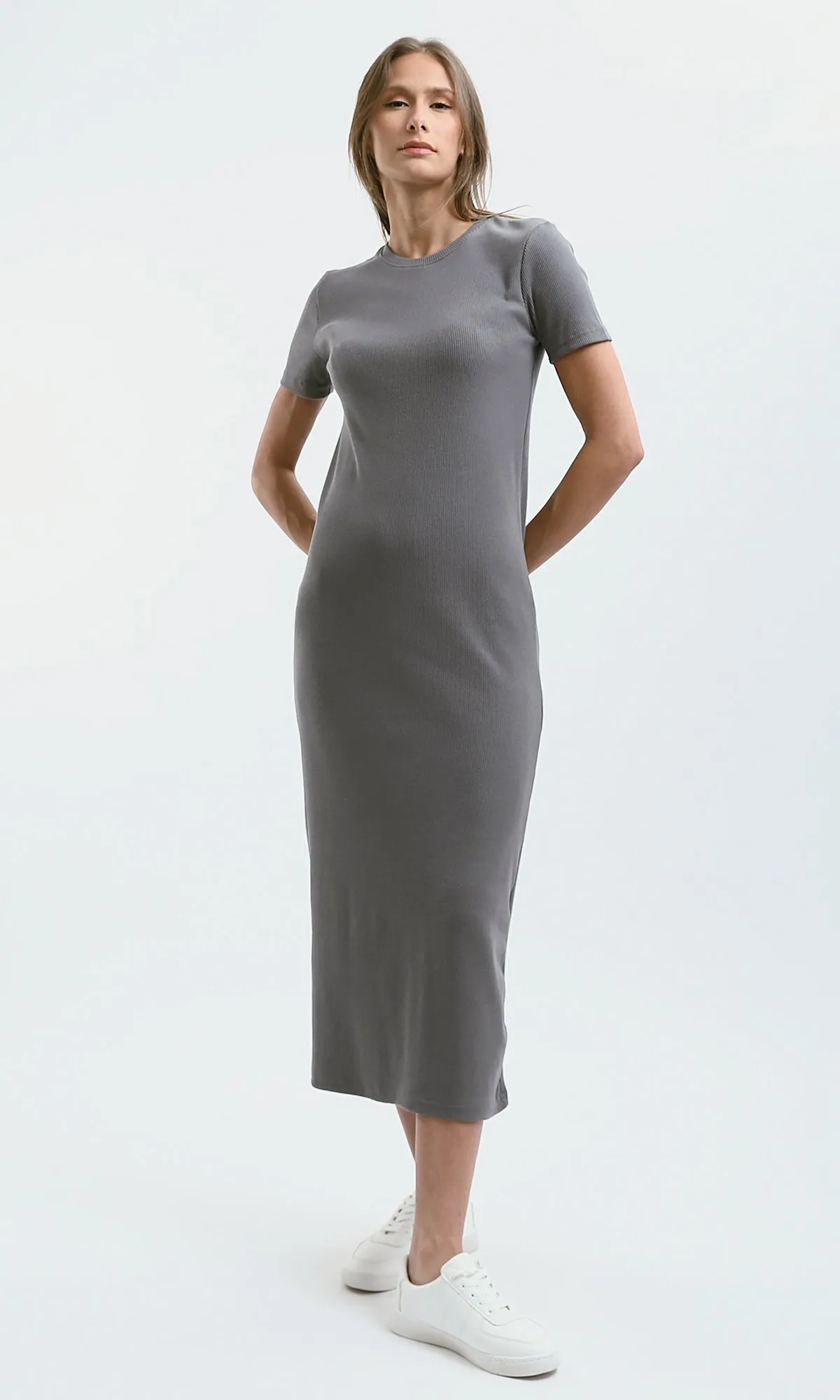 O189714 Regular Fit Dark Grey Ribbed Summer Dress