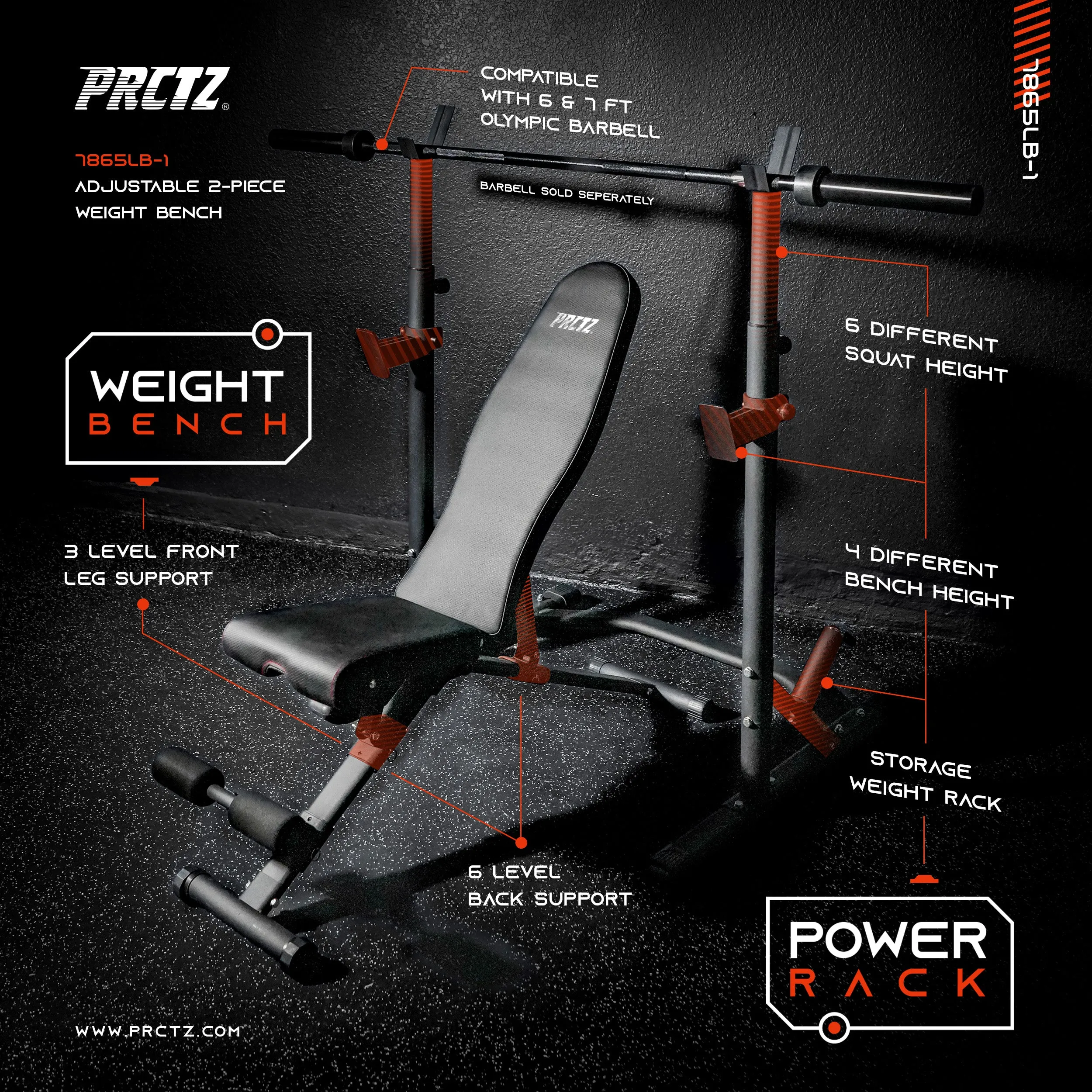 PRCTZ Two-Piece Olympic Weight Bench with Squat Rack, Foldable FID Bench, and Weight Storage