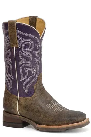 Roper Footwear Ladies Vintage Brown Broad Square Toe Boots with Purple Tops