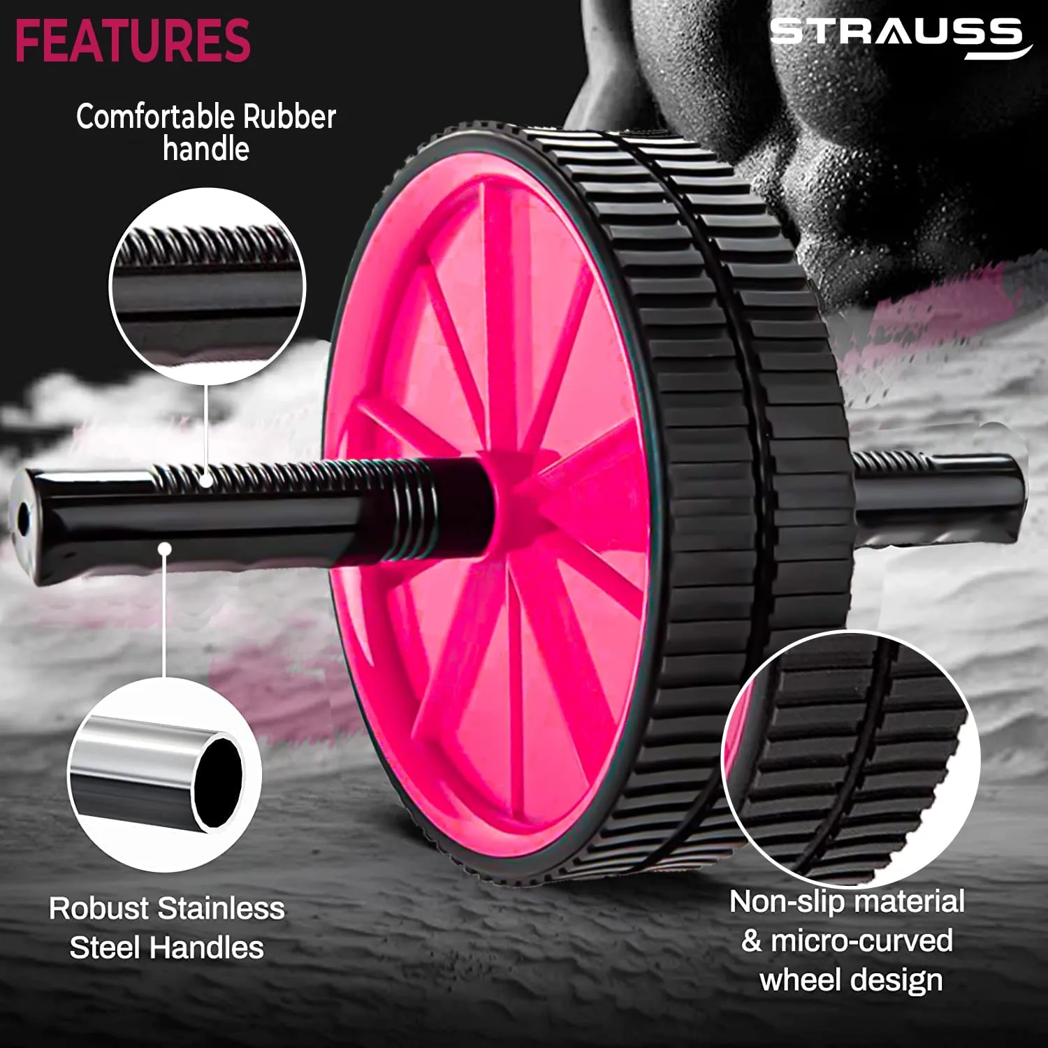 Strauss Double Wheel Ab & Exercise Roller | Anti-Skid Wheel Base, Non-Slip PVC Handles | Ideal for Home, Gym Workout for Abs, Tummy, (Pink)