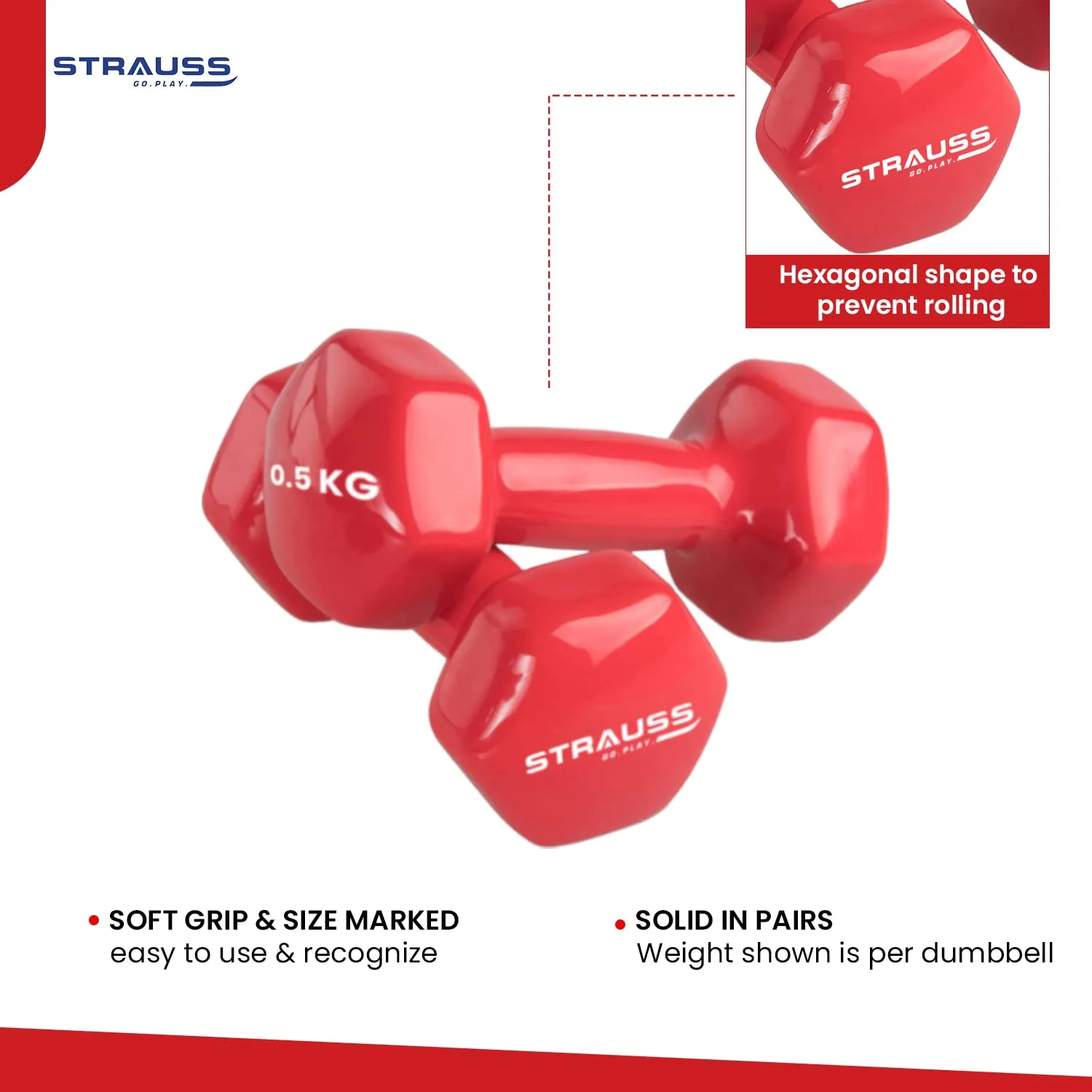 Strauss Premium Vinyl Dumbbells Weight for Men & Women | 0.5 Kg (Each) | 1 Kg (Pair) | Ideal for Home Workout, Yoga, Pilates, Gym Exercises | Non-Slip, Easy to Hold, Scratch Resistant (Red)