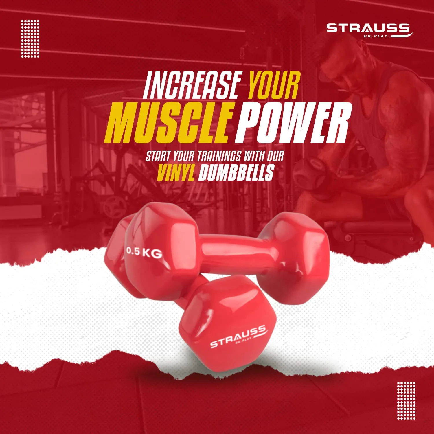 Strauss Premium Vinyl Dumbbells Weight for Men & Women | 0.5 Kg (Each) | 1 Kg (Pair) | Ideal for Home Workout, Yoga, Pilates, Gym Exercises | Non-Slip, Easy to Hold, Scratch Resistant (Red)