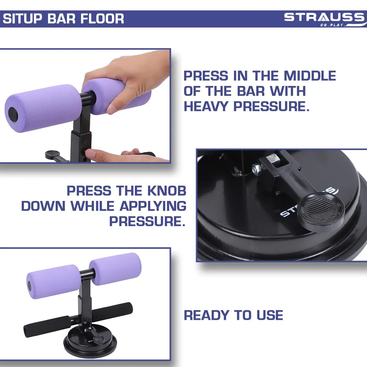 STRAUSS Sit-Up Bar | Portable Sit Up Bar With Foam Handle and Rubber Suction | Sit-ups and Push-ups Assistant Device For Weight Loss | Ideal For Abs Home Workout & Abdominal Curl Exercise Trainer,(Purple)