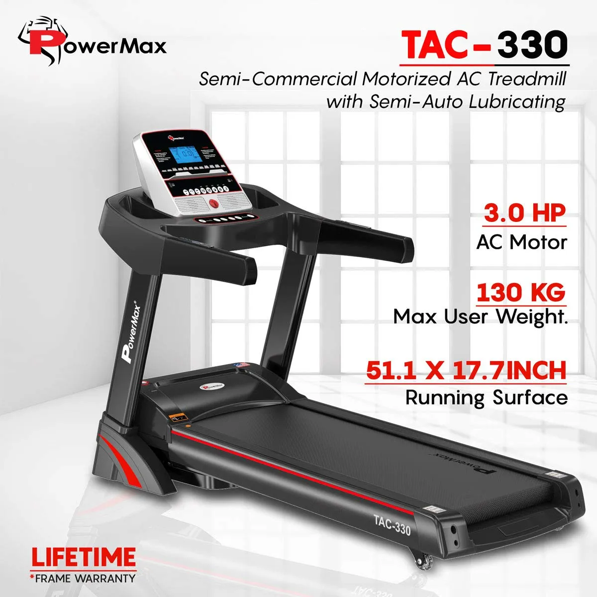 TAC-330 (6HP) Motorised Treadmill for Home [Speed:15kmph | Max User Weight:130kg | Foldable | 12 Workout Programs | MP3] Free Installation Assistance & Demo - 3 Year Motor Warranty