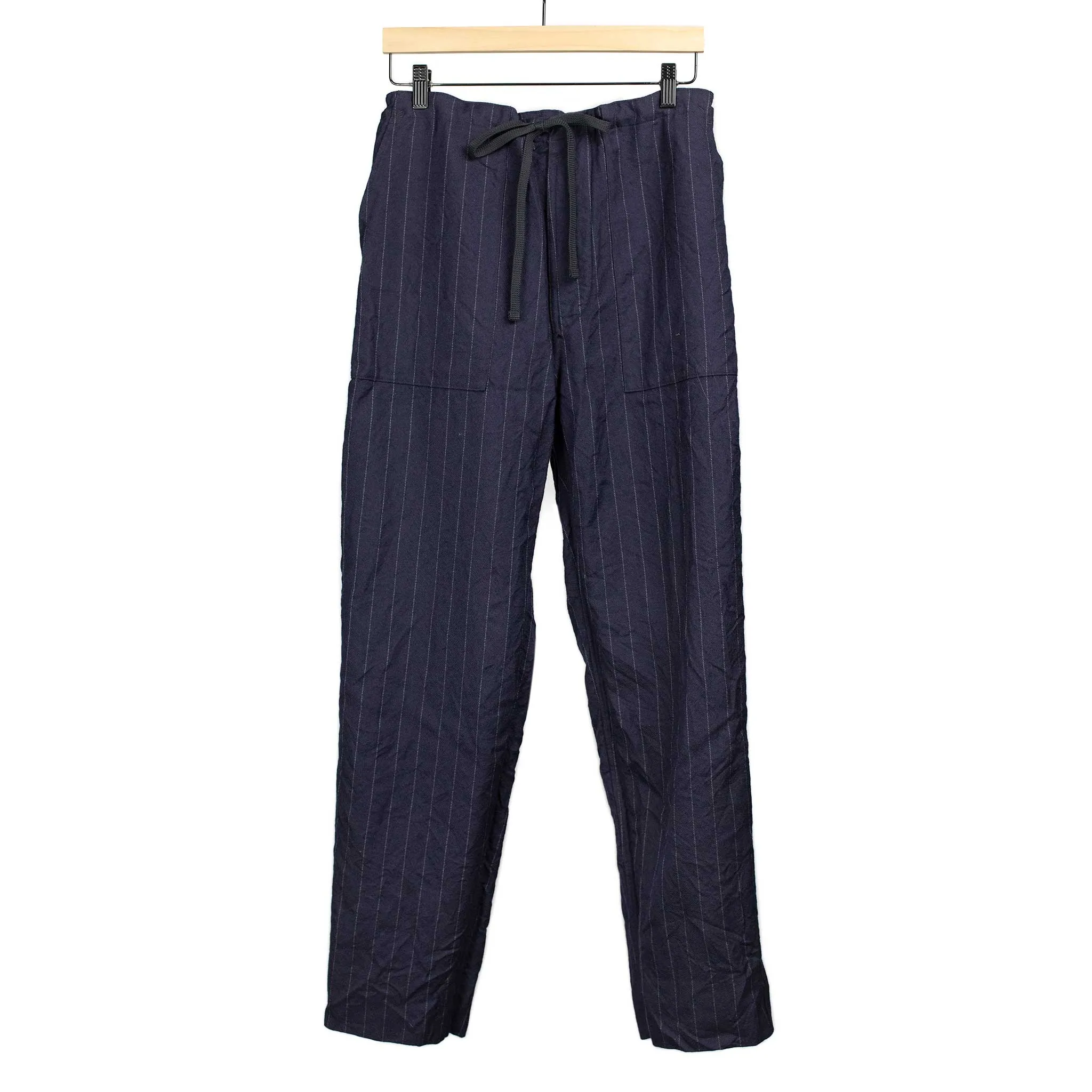 Take Easy baker pants in navy chalkstripe wool gabardine