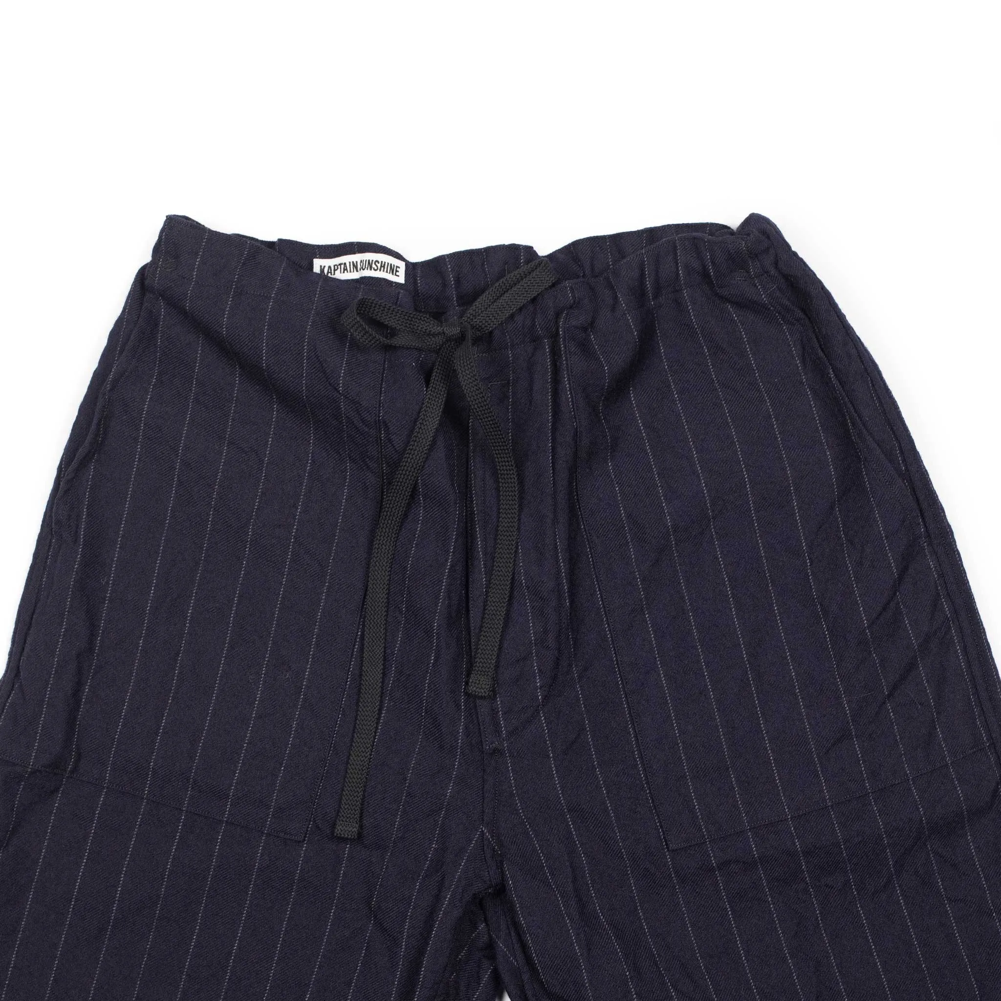 Take Easy baker pants in navy chalkstripe wool gabardine