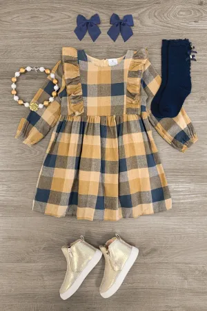 Tan Gingham Ruffle Dress