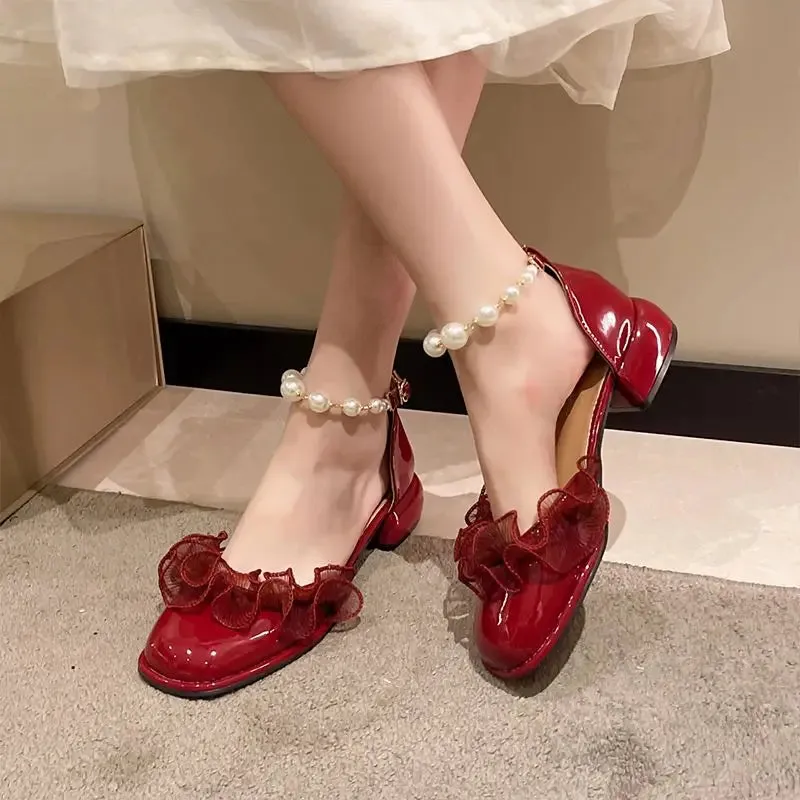 TAVIMART  -  Thick Heel Sandals Women's Summer New Pearl Button Soft Mary Jane Evening Style Single Shoe Women leather shoe 5cm red