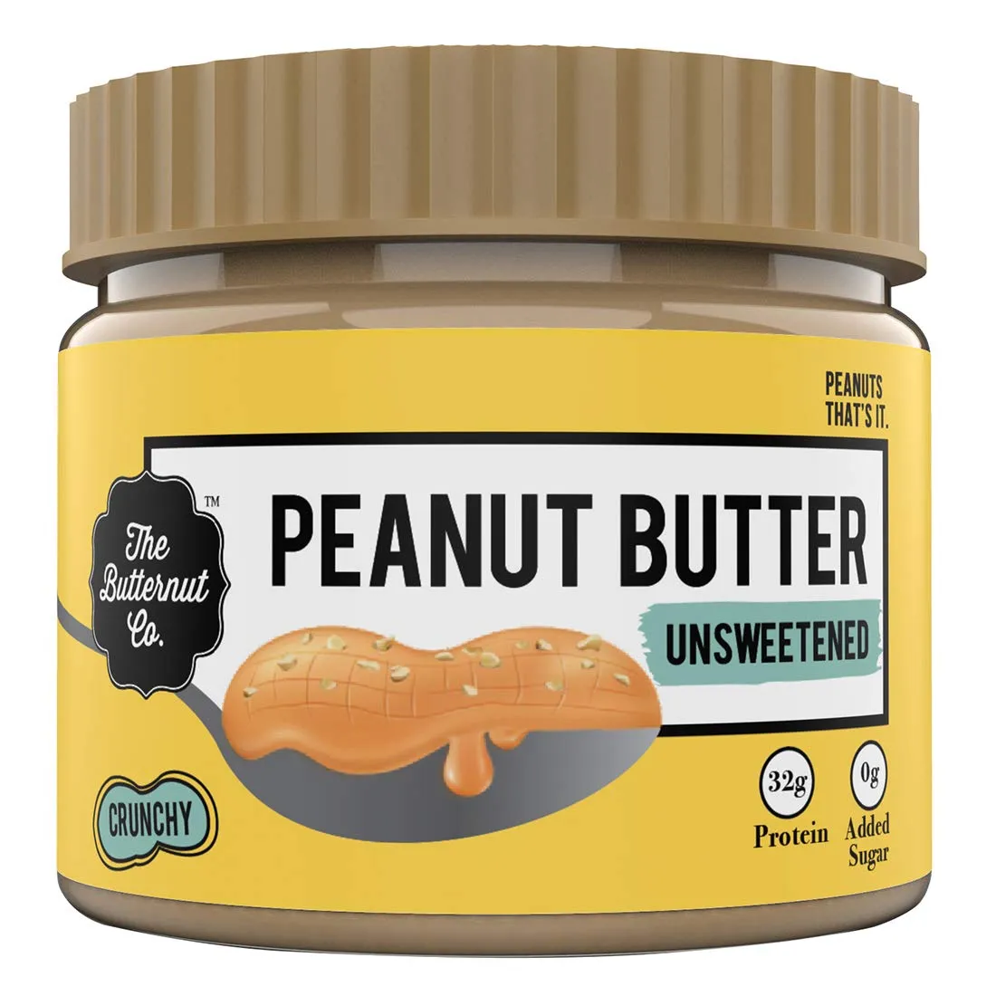 The Butternut Co. Natural Peanut Butter (Crunchy) 340g | Unsweetened | 32g Protein | No Added Sugar | 100% Peanuts | No Salt | High Protein Peanut Butter | Gluten Free | Vegan | Cholesterol Free