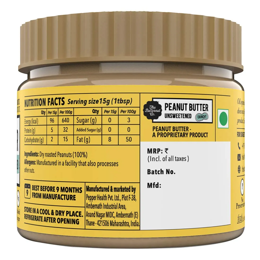 The Butternut Co. Natural Peanut Butter (Crunchy) 340g | Unsweetened | 32g Protein | No Added Sugar | 100% Peanuts | No Salt | High Protein Peanut Butter | Gluten Free | Vegan | Cholesterol Free