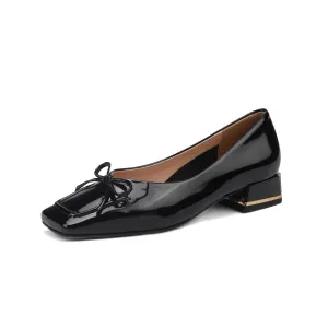 TinaCus Glossy Patent Leather Women's Handmade Classic Square Toe Block Heel Slip On Loafer Pumps with Bowknot