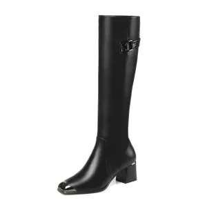 TinaCus Handmade Women's Genuine Leather Square Toe Mid Chunky Heel Side Zip Up Black Knee High Boots with Buckle Decor