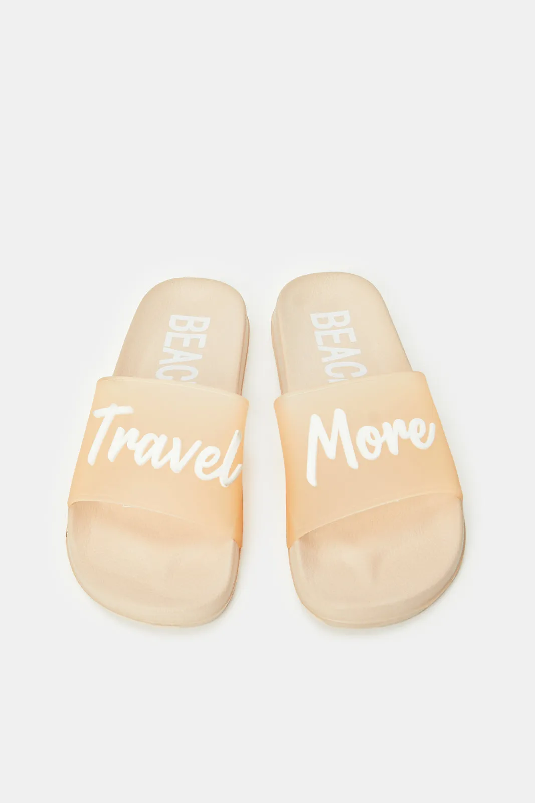 Women Beige Travel More Slogan Slides