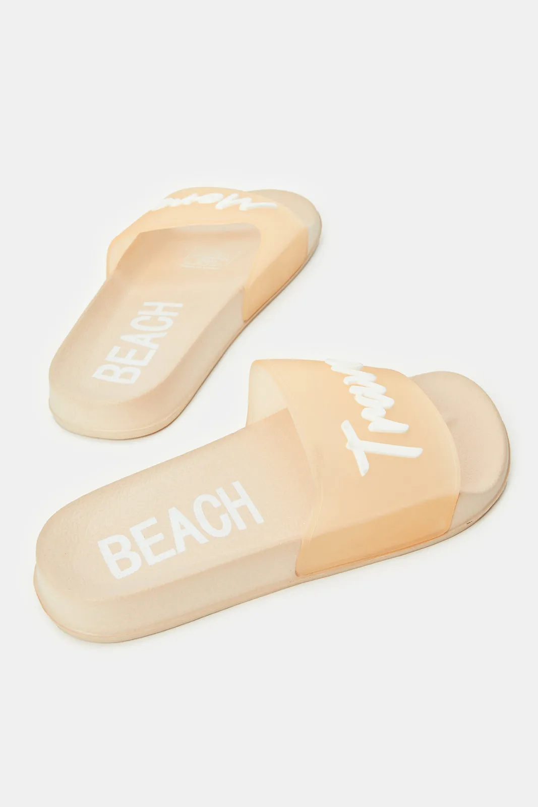 Women Beige Travel More Slogan Slides