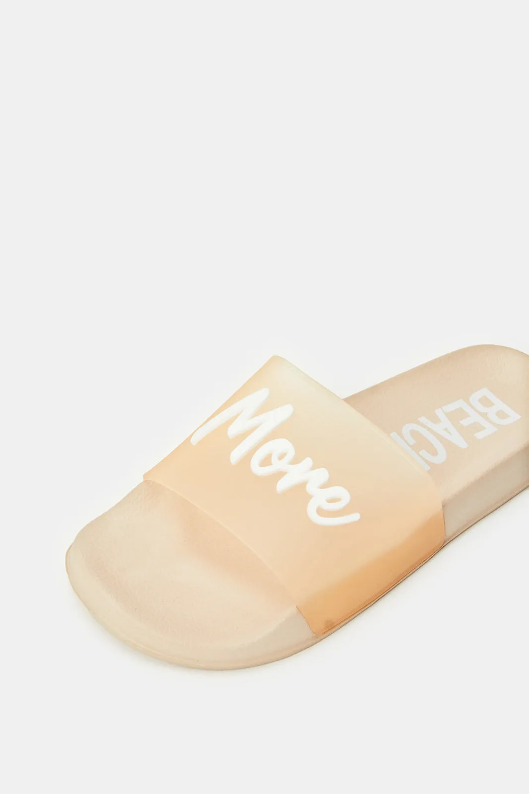 Women Beige Travel More Slogan Slides