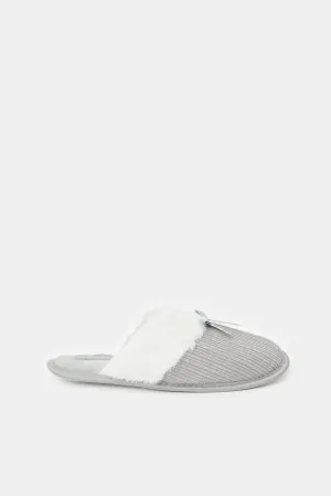 Women Grey Fur Trim Slippers